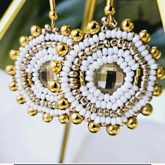 2/$27 | White + Gold Beaded Bohemian Indigenous Native Hoop Earrings | Handmade - Picture 10 of 10
